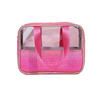 Esther Clear Travel Makeup Bag, Pink Geometric Pattern, PVC Cosmetic Tote with Handle, Pink, Modern Geometric