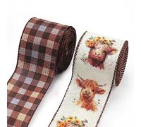 Estivaux 2 Rolls Alpine Cattle Ribbons for Crafting, Fall Wired Edge Ribbon Natural Buffalo Plaid Ribbon Bow Autumn Calf Farmhouse Ribbon for Gift Wrapping Thanksgiving Decorations Supplies