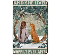 Estiyond Retro Tin Sign Metal Poster, Girl And Vizslas Dog And She Lived, Happily Ever After Metal Wall Art For Home Bar Kitchen Garden Plaque 8X12 Inch Decor Gifts