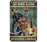 Estiyond Vintage Metal Tin Sign A Woman Cannot Survive On Wine Alone She Also Needs A Doberman Rustic Wall Decor For Home Bedroom Bar Cafe Club 8X12Inch