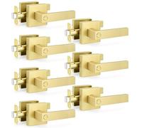 Estmoon 7 Pack Satin Brass Door Handles, Privacy Keyless Interior Gold Door Knobs, Heavy Duty Zinc Alloy Modern Square Door Handleset for Bedrooms Bathrooms, Reversible for Left & Right Handled Doors