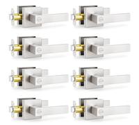 Estmoon 8 Pack Door Knobs, Brushed Nickel Modern Square Door Handles with Lock for Bedroom/Bathroom, Door Hardware Reversible for Left & Right Handed Doors