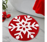 Estmy Red Snowflake Joy Christmas Round Bathroom Rugs 2ft Winter Themed Xmas Festive Decorations, Absorbent Shaggy Modern Cute Holiday Christmas Circle Bath Mat Rug Rubber Backed Washable