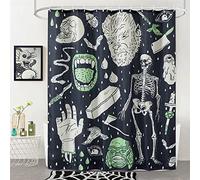 Estmy Vintage Halloween Shower Curtain Set Black, Heavy Duty Waffle Fabric, Creepy Gothic Skeleton Skulls Bats Fun Cute Halloween Shower Curtains with Hooks Scary Spooky Horror Bathroom Decor