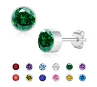 Estrellique Silver Stud Earrings for Women Girls, S925 Silver Earrings with Cubic Zircon, 6mm Dainty CZ Birthstone Stud Earrings, Cartilage Sleeper Silver Earrings Jewelry Gifts for Xmas Birthday