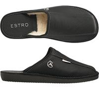 ESTRO Mens Slippers Men House Shoes Leather Home Mule Men's Slipper Memory Sole RUST (10 UK, Black Wool)