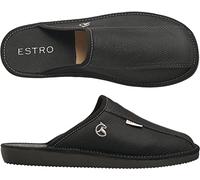 ESTRO Mens Slippers Men House Shoes Leather Home Mule Men's Slipper Memory Sole RUST (9 UK, Black)