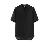 EsukAr Men's 100 Linen Henley Shirt Short Sleeve Hippie Casual Beach T Shirts with Pocket,Black,XXL