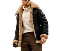 EsukAr Mens Aviator Shearling Sheepskin Leather Bomber Flying Jacket,Black,XXL