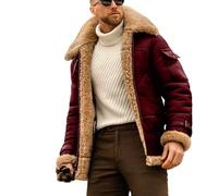 EsukAr Mens Aviator Shearling Sheepskin Leather Bomber Flying Jacket,red,XL