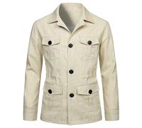 EsukAr Mens Lightweight Safari Jacket Casual Linen Button Up Multi-Pocket Cargo Coat Outwear,Beige,4XL