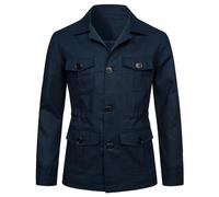 EsukAr Mens Lightweight Safari Jacket Casual Linen Button Up Multi-Pocket Cargo Coat Outwear,Navy,L