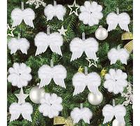 Esvitto Christmas Tree Decorations, 16 Pcs Personalised White Angel Feather Wings Hanging Christmas Ornaments Set for Xmas Wedding Festival Home Party Event