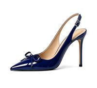 Esvowido Womens Slingback Heels Pointed Toe 4 Inch High Heel with Bow Ankle Strap Stiletto Pumps Dress Shoes All Day Wear Formal Wedding, Navy, 6 UK