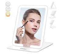 ESWU Travel Makeup Mirror with Light, Portable Folding Make Up Tabletop Mirror with 58 LEDs 3 Colors Light Modes Rechargable Compact Vanity Mirror with Adjustable Stand (Black)