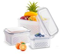 Esyhomi Fresh Food Storage Containers for Fridge, 3 Pack Stackable Fridge Storage Container, Fruit Vegetable storage with Drain Baskets, Refrigerator Organizer Bins with Lids for Kitchen