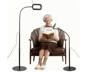 eSynic 10X Telescopic Magnifying Glass with LED Light Floor Standing &Desk Clamp-on 74-108cm Floor Magnifier Lamp |Stepless Dimming&5 Light Colour| Heavy Metal Base for Reading Hobby Craft Embroidery