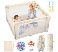 eSynic 127 * 127cm Foldable Baby Playpen with Soft Mat Portable Playpen Babies and Toddlers Oxford Fabric, 50 Balls, Basketball Hoop & Handles Travel-Friendly Design for Car, Home, Travel & Backyard