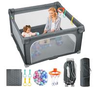 eSynic 150 * 150cm/59 * 59in Foldable Baby Playpen with Mat Machine Washing | 50 Balls&4 Handles&1 Carry Bag&1 Basket,Metal Frame&Oxford Fabric&Breathable Mesh,For Indoor Outdoor,For 6-12 Months Toddler