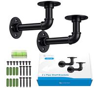 eSynic 2Pcs Pipe Brackets Black Industrial Pipe Shelf Bracket for Shelves Tube Rack Iron 1/2 inch Pipe Floating Shelves for Scaffold Board (15*8cm) with a Spirit Level