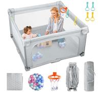 eSynic 50*50inch Large Foldable Baby Playpen 127*127cm with Soft Mat Portable Indoor/Outdoor Playpen Oxford Fabric, 50 Balls, Basketball Hoop & Handles Travel-Friendly Design for Car, Home & Backyard