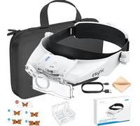 eSynic Head Magnifying Glass with LED Light Rechargeable 1.5-13X Headband Magnifier Hands Free Headmount Magnifying Glasses with Portable Storage Case| 5 Lenses|Battery Indicator for Reading Craft etc