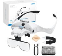 eSynic Headband Magnifying Glass Rechargeable Head Magnifier Wear Comfortably HeadMount Magnifying Glass With Light Support|4 LED Lights|1.2-4.5X HD Lens|Power Indicator Light| for Reading Crafts,etc