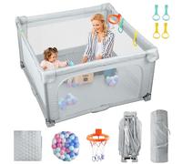 eSynic Large Baby Playpen with Mat 150 * 150cm Foldable Play Pen Portable for Indoors & Outdoors Oxford Fabric, 50 Balls, Basketball Hoop & Handles | Travel-Friendly Design for Car, Home & Backyard