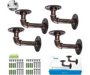 eSynic Popular 4Pcs Pipe Shelf Brackets Industrial Tube Rack Pipe Brackets for Book Shelf Rustic Floating Shelves for Scaffold Board (9 * 13cm) with a Mini Bubble Spirit Level (4 Pack)