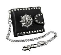 ESYTCH Men's Skull Punk Rock Leather Bifold Wallet with Chain, Black, Studded Rivet Design, 8 Card Slots, 11.51 x 9.5 cm