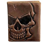 ESYTCH Vintage Crazy Horse Genuine Cow Leather Wallet with Embossed Skull Pattern, Unisex Gothic Biker Bi-fold Purse, Alternative Fashion Accessory for Music Festival & Halloween