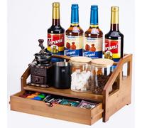 ESYTEOOT Bamboo Coffee Syrup Rack Organizer 3 Tier Coffee Syrup Rack with Cup Storage Box for Coffee Bar,Syrup Bottle Holder Stand for Syrup,Wine,Dressing for Kitchen Coffee Station,Brown