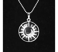 &ET Crystal Pendant Necklace, Silver Sun Moon Wrapped Natural Gemstone Black Onyx Crystal Necklace Pendant With Silver Chain Wrapped Necklace for Women Men