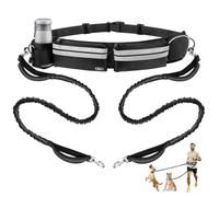 ETACCU Hands Free Dog Lead for 2 Dogs with Heavy-Duty Traffic Handle, Bungees Dual Dog Leads, Adjustable Waist Belt with Pouch, Reflective Stitches for Running Walking & Jogging (Black)