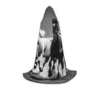 ETASUIOL Black And White Horses Running Print Hooded Cloak For Halloween,Wizard Vampire Grim Reaper Costumes,Renaissance Style