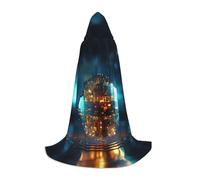ETASUIOL Electric Globe Print Hooded Cloak For Halloween,Wizard Vampire Grim Reaper Costumes,Renaissance Style