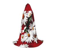 ETASUIOL Red Flower And White Daisy Print Hooded Cloak For Halloween,Wizard Vampire Grim Reaper Costumes,Renaissance Style