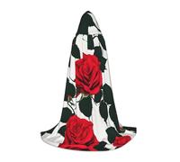 ETASUIOL Rustic Red Rose Print Hooded Cloak For Halloween,Wizard Vampire Grim Reaper Costumes,Renaissance Style