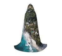 ETASUIOL White Beach Print Hooded Cloak For Halloween,Wizard Vampire Grim Reaper Costumes,Renaissance Style