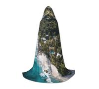 ETASUIOL White Beach Print Hooded Cloak For Halloween,Wizard Vampire Grim Reaper Costumes,Renaissance Style