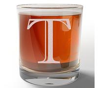 Etched Monogram 325ml Whiskey Rocks Glass (Letter T), A-Z Customised Bourbon Gin Rum Gifts Men, Personalised Whisky Tumbler Glass, Custom Engraved Gifts for Him, Initial, Name, Birthday, Retirement