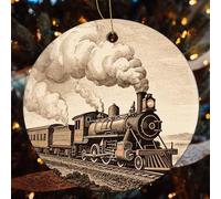 Etching Train Ceramic Christmas Ornaments - 4 Pcs Rustic Round Xma Tree Decor with Hanging String, Personalized Vintage Double-Sided Holiday Party Decorations for Xmas Gifts