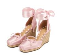 Etebella Satin Ballet Heels Women’s Square Toe Bow Lace Up Wedge Sandals | Platform Sandals, Closed Toe Ballet Pumps, High Wedge Heels, Strappy Ballerina Pumps, Party Wedding Dress Shoes