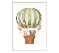 ETEKNIC Animals In Green Hot Air Balloon Nursery Print Boys Bedroom Wall Art Cute Fun Safari Farmyard Girls Room Poster Colourful Childrens Playroom Home Décor Gifts (A4, Print Only)