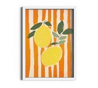 ETEKNIC Striped Lemons Vintage Colourful Kitchen Wall Art Dining Room Poster Italy Print Hand Painted Rustic Italian Artwork Home Décor Gifts (A3, White Frame)