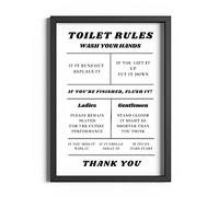 ETEKNIC Toilet Rules Bathroom Print Funny Downstairs Loo Quotes Wall Art Prints Black And White Posters Sign Shower Room Home Décor Framed (Print Only, A4)