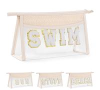 Etercycle Boho Patch Makeup Bag, Clear PVC Travel Toiletry Bag Waterproof Beach Bags for Women, Small Chenille Letter Bag with Zipper for Beach Travel Essentials (Swim)