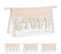Etercycle Boho Patch Makeup Bag, Clear PVC Travel Toiletry Bag Waterproof Beach Bags for Women, Small Chenille Letter Bag with Zipper for Beach Travel Essentials (Stuff)