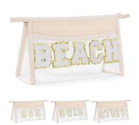 Etercycle Boho Patch Makeup Bag, Clear PVC Travel Toiletry Bag Waterproof Beach Bags for Women, Small Chenille Letter Bag with Zipper for Beach Travel Essentials (Beach)