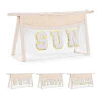 Etercycle Boho Patch Makeup Bag, Clear PVC Travel Toiletry Bag Waterproof Beach Bags for Women, Small Chenille Letter Bag with Zipper for Beach Travel Essentials (Sun)